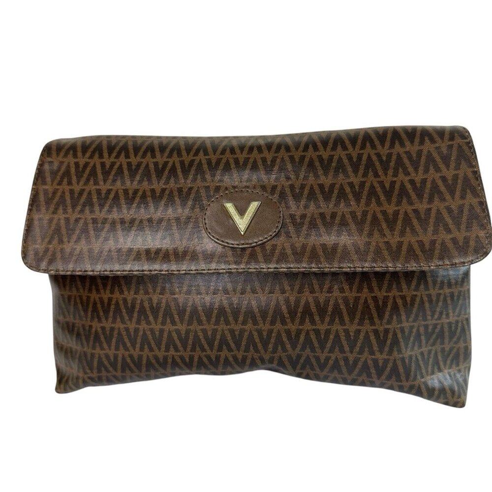 Authentic Mario Valentino Clutch Bag V Logo Plate PVC Brown Monogram Made Italy